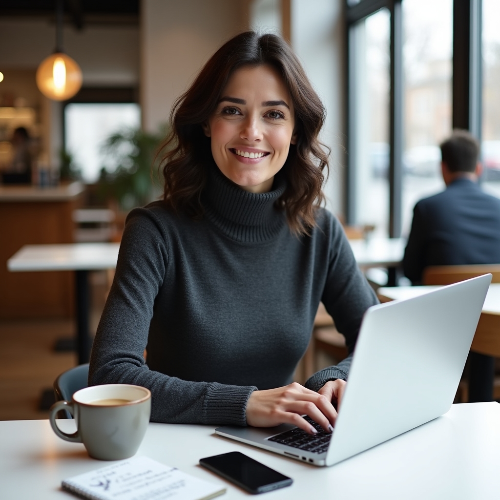 Zakladateľka Creative Narodcap pracuje na notebooku v modernej kaviarni